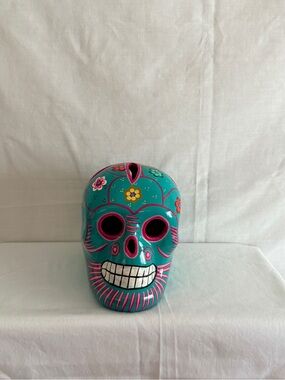 Turquoise Hand-Painted Ceramic Sugar Skull with Pink Accents